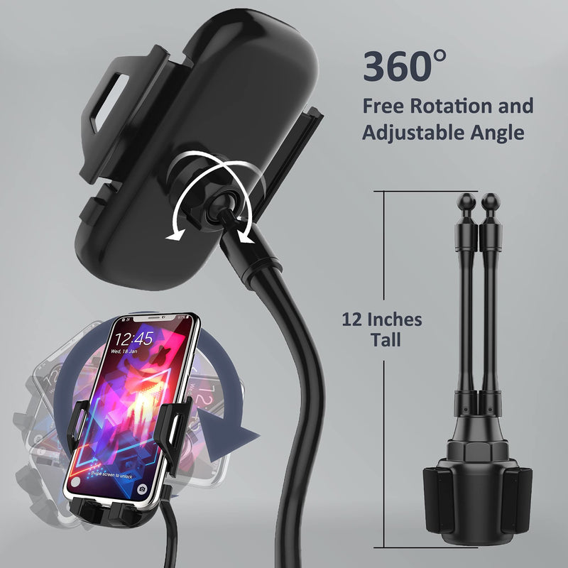 Dual Phone Holder for Car Cup Holder – Long Flexible Neck, 360° Rotatable Car Phone Mount - Adjustable Cell Cup Holder, Universal Size Fits 2 iPhone, Samsung, GPS and More (Cradle) Cradle Holders