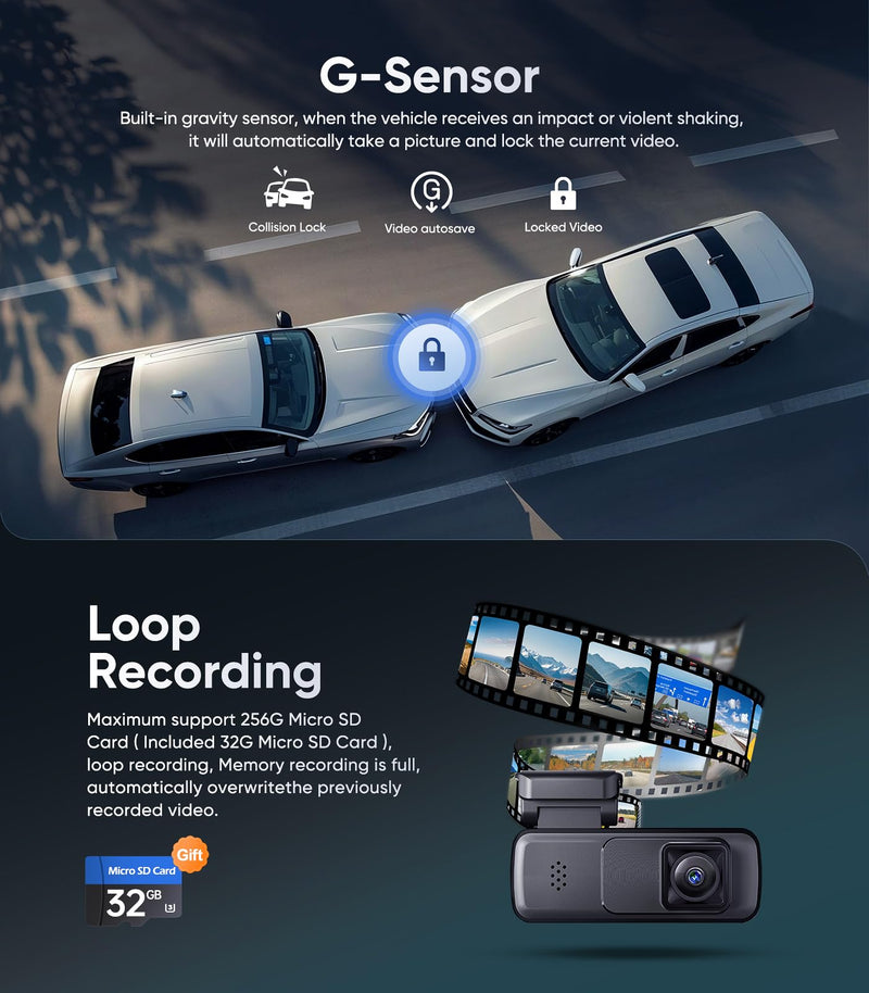 [AUSTRALIA] - Seventour Mini 2K Dash Cam Front for Cars, Dash Camera for Cars, Dashcam Built-in WiFi with APP Control, 170°Wide Angle, WDR, 24H ParkingMode, Night Vision, G-Sensor, Includes 32GB Card DR-1 