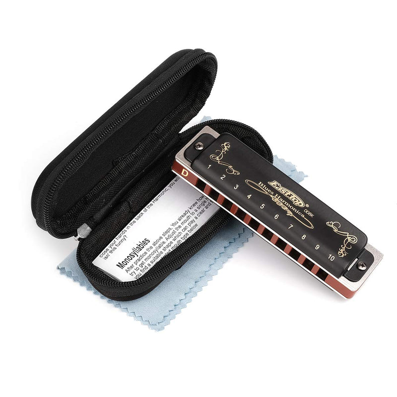 [AUSTRALIA] - Easttop Professional Harmonica Blues Key of D 10 Hole 20 Tone Heavy Duty with Case & Cleaning Cloth for Professional Player,Beginner,by Eison-East Top,Black,Great Christmas Gift 