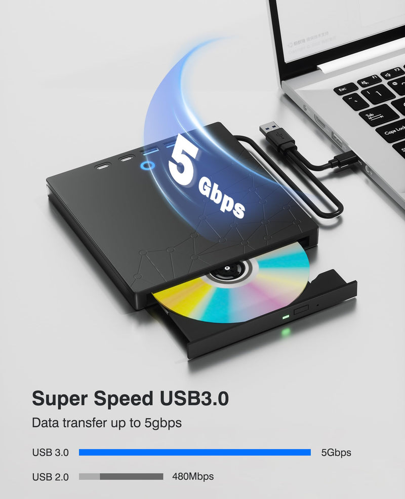 External CD/DVD Drive for Laptop, DVD Burner CD Reader for Laptop, 8-in-1 USB 3.0 Portable CD Players with SD/TF Ports, External Disk Drive Optical for MacBook Windows 11 10 PC Linux (Black with bag) Black with bag
