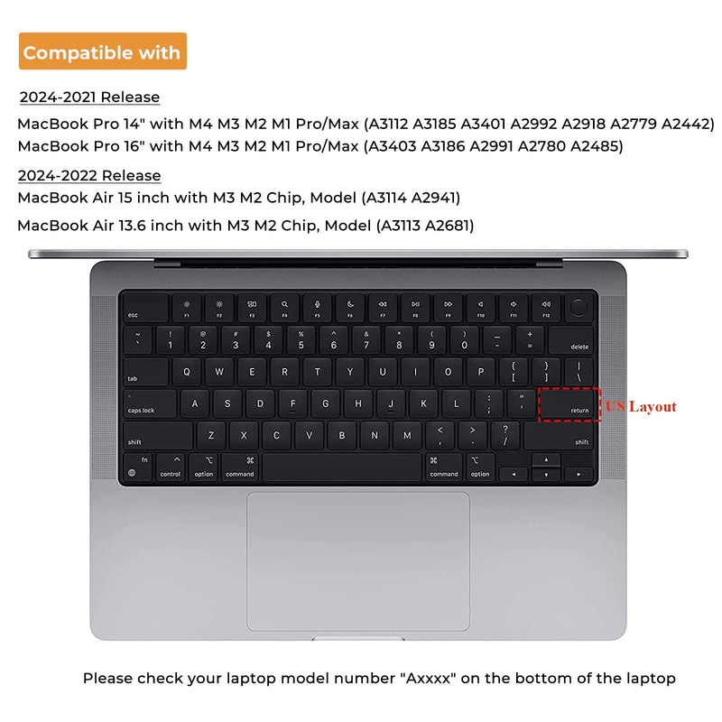 EooCoo Premium Keyboard Cover Skin Ultra Thin Protector Compatible with 2025-2021 MacBook Pro 14" 16" M4 M3 M2 M1 Pro Max Chip, MacBook Air 15" 13.6" M3 M2 Chip, Clear
