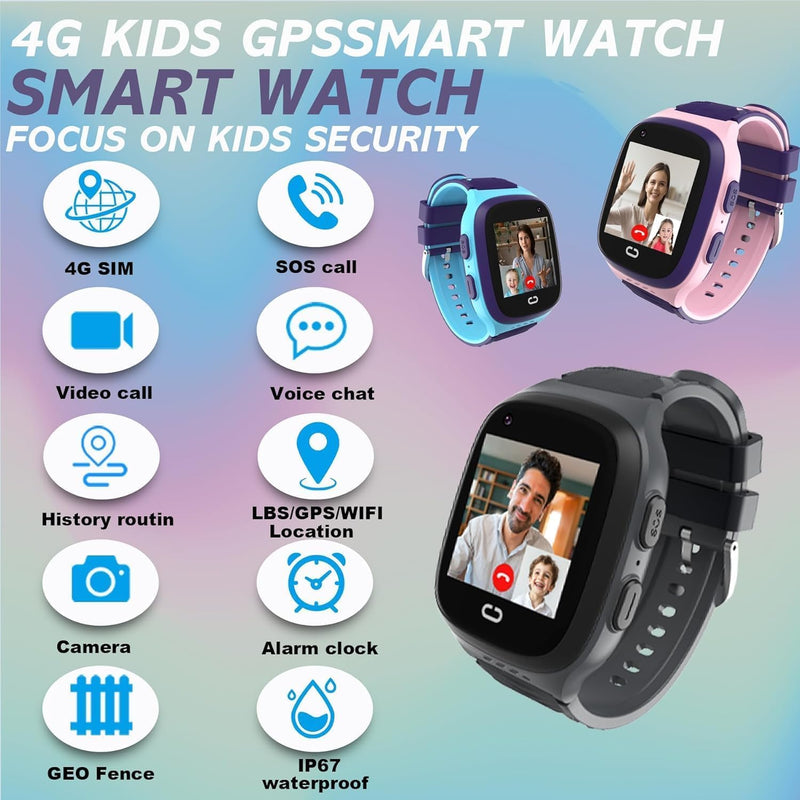 4G Kids Smart Watch Boys with GPS Tracker Location Video Call Cell Phone SOS Calling Voice Chat Camera Alarm Clock Touch Screen SmartWatch Gifts for Age 5-12 Kids (Black) Black