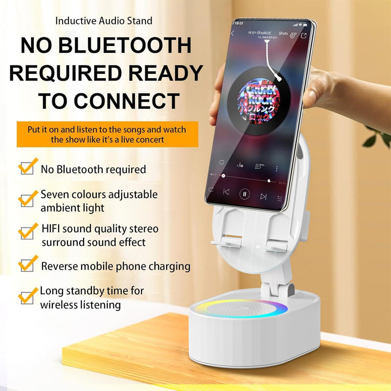 [AUSTRALIA] - Wireless Induction Audio Bluetooth Speaker 5in1 Phone Holder Emergency Rechargeable (3000mAh) with Colorful Ambient Light 300° Foldable for Tablet iPhone Android, Gifts for Men Women (White) White 