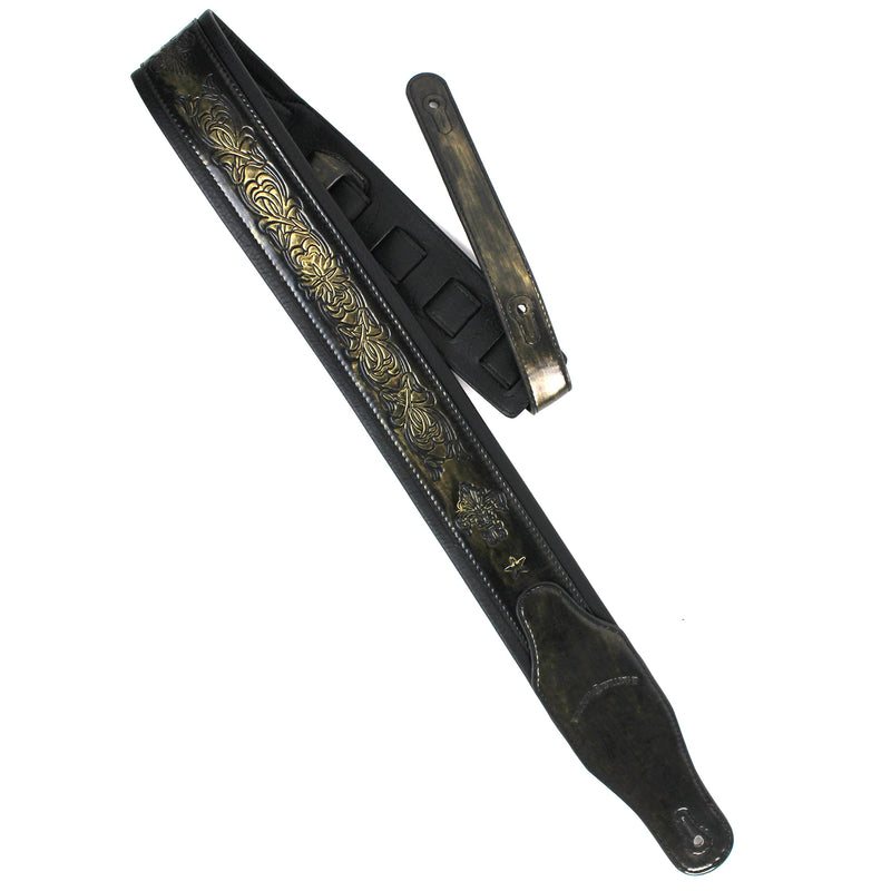Walker and Williams GB-24 Brushed Gold Padded Guitar Strap with Fleur De Lis & French Chain Design for Acoustic, Electric, and Bass Guitars