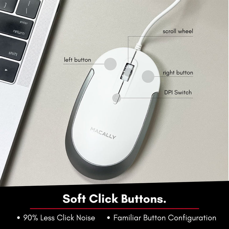 Macally Silent Wired Mouse - Slim & Compact USB Mouse for Laptop/Desktop Windows PC or Apple Mac - Designed with Optical Sensor & DPI Switch - Simple & Comfortable Wired Computer Mouse (White) White with Silver Trim