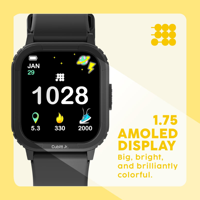 Cubitt Jr. Smartwatch Fitness Tracker, 1.75" AMOLED – Obsidian Black | For Kids and Teens with Games, Step Counter, Sleep Monitor, Heart Rate Monitor, Calculator, Activity Tracking, Waterproof
