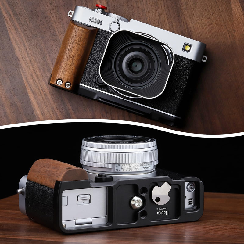 Haoge X-E5 Grip Wooden Side Handle for Fujifilm XE5 Camera - L-Shape Retro Premium Wood Grip with Quick Release Plate, Extra Tripod 1/4 Hole & Hot Shoe Hole Black HG-XE5-B