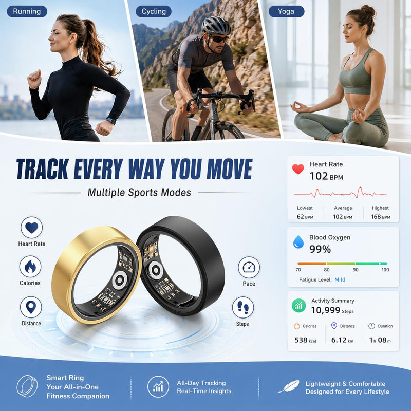 Smart Ring for Women Men Health Tracker - IP68 Waterproof Fitness Ring with Heart Rate/Blood Oxygen/Blood Pressure/Sleep Tracker/Step/Calories for iOS and Android,No Subscription Fee,Gold 6