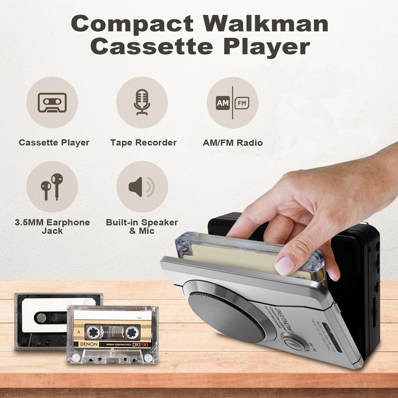 [AUSTRALIA] - Portable Cassette Tape Player Recorder, Retro AM FM Radio, Compact Cassette Audio Recorder with 3.5MM AUX Jack, Built-in Loud Speaker & Microphone, Auto Reverse, Removable Belt Clip 