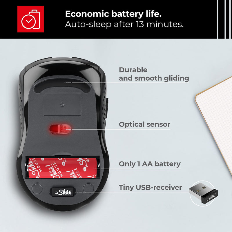 ShhhMouse Silent Wireless Mouse for Laptop - Optical Cordless Computer Mice with USB – Quiet Click, 3 DPI Levels of Sensitivity, Side Buttons - Portable for PC, Chromebook [Black & Red] Black & Red