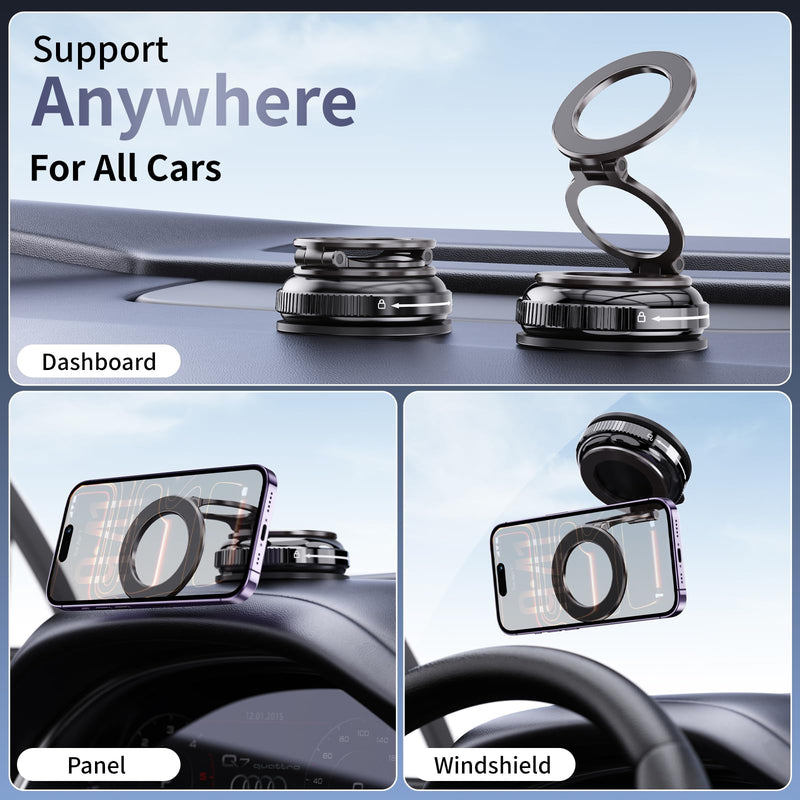 for MagSafe Car Mount, Vacuum Suction Phone Holder | 32 kgf Suction, 720° Rotation, Detachable Dual-Side Zinc Magnetic Head, for iPhone 12–17 & Android, Sticks to Metal