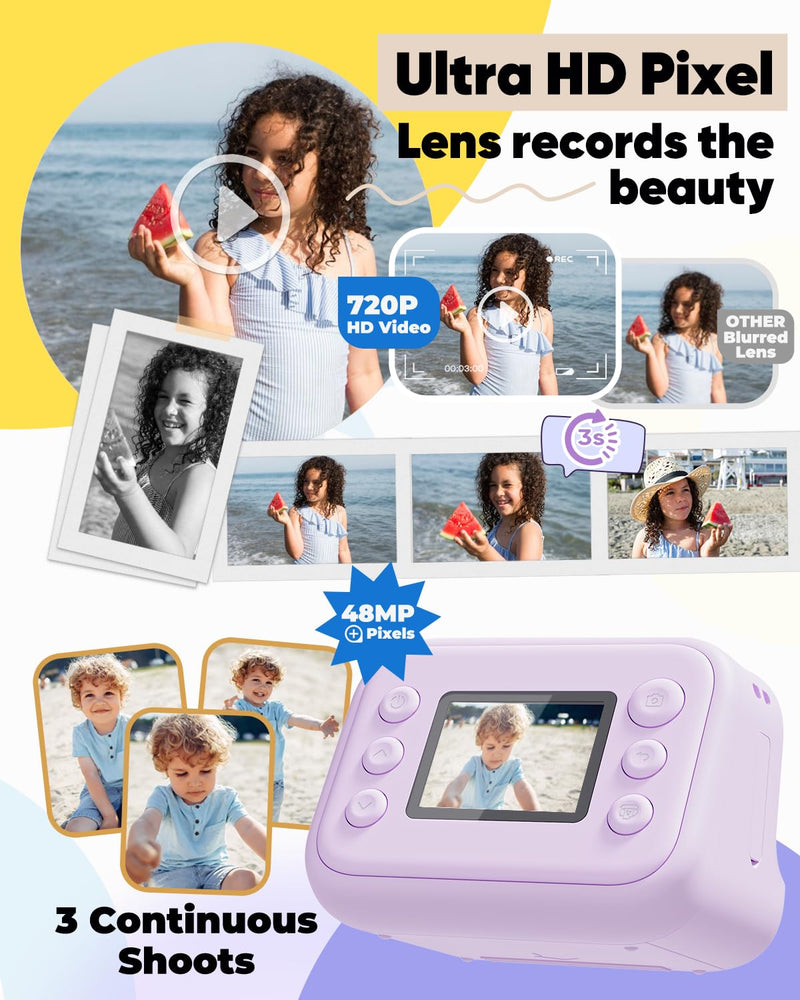 Instant Print Camera for Kids,Portable Toy for 3-12 Year Old Girl,48MP Digital Cameras for Toddler, Christmas Birthday Gifts for 4 5 6 7 8 9 10 Year Old Boys Purple