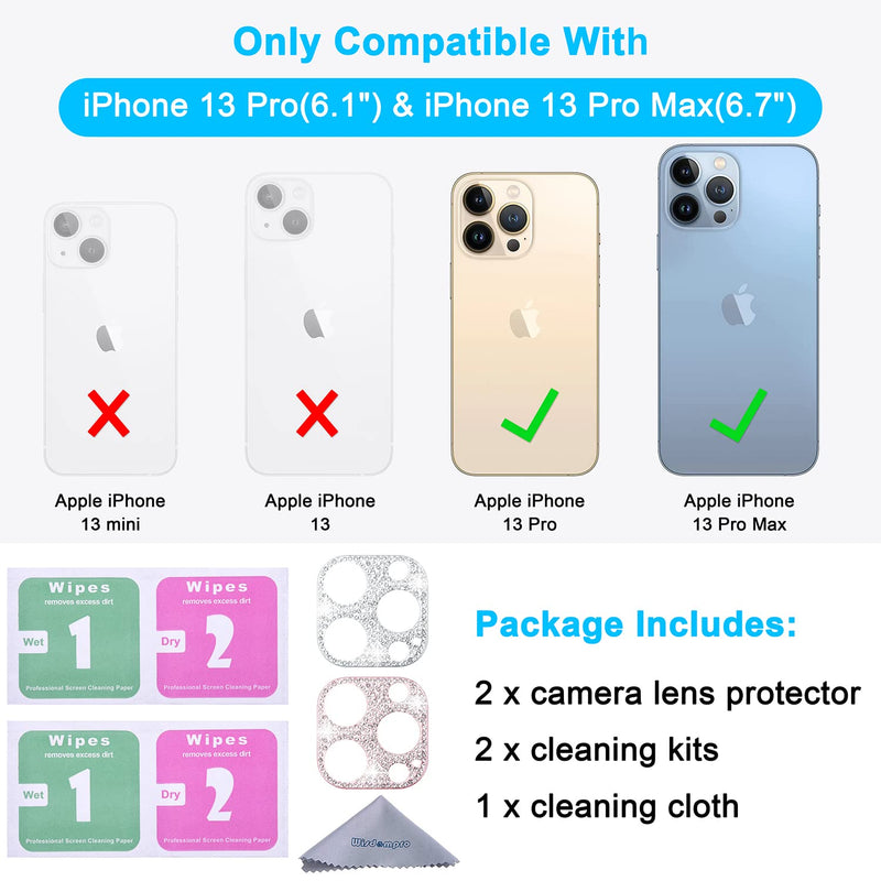 [2 Pack] Wisdompro Bling Camera Lens Protector for iPhone 13 Pro Max 6.7 inch, for iPhone 13 Pro 6.1 inch, Glitter Diamond Crystal Metal Lens Decoration Cover Accessories (Rose Gold and Silver) for iPhone 13 Pro Max & 13 Pro (Rose Gold + Silver)