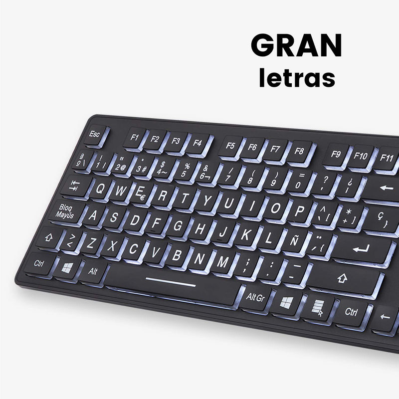 Perixx PERIBOARD-317ES es un teclado con cable y retroiluminado LED, Letras impresas en grande con iluminación blanca, Teclado Full Size, QWERTY Español