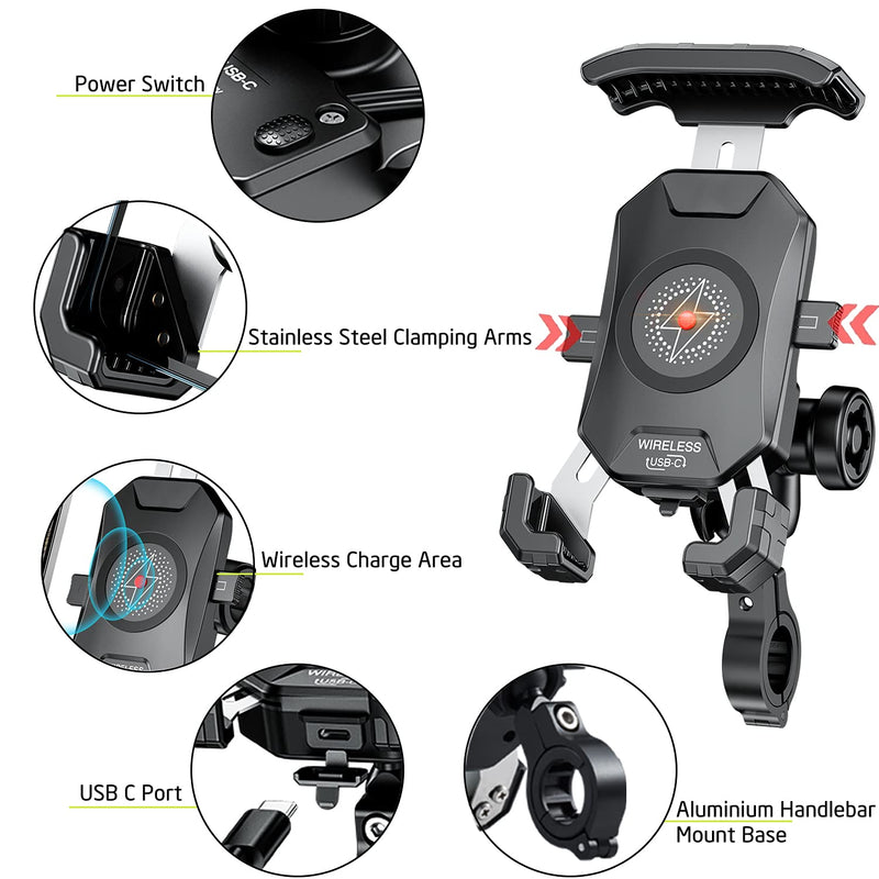 iMESTOU Anti-Theft Motorcycle Wireless Phone Mount Charger 15W & USB C 3A Handlebar 1" Ball Phone Holder Works with 12V/24V Vehicle/USB A Socket 720 Rotation Quick Charge for 4.0-7.0" Cellphones Double Socket Arm-Wireless & USB C Charge