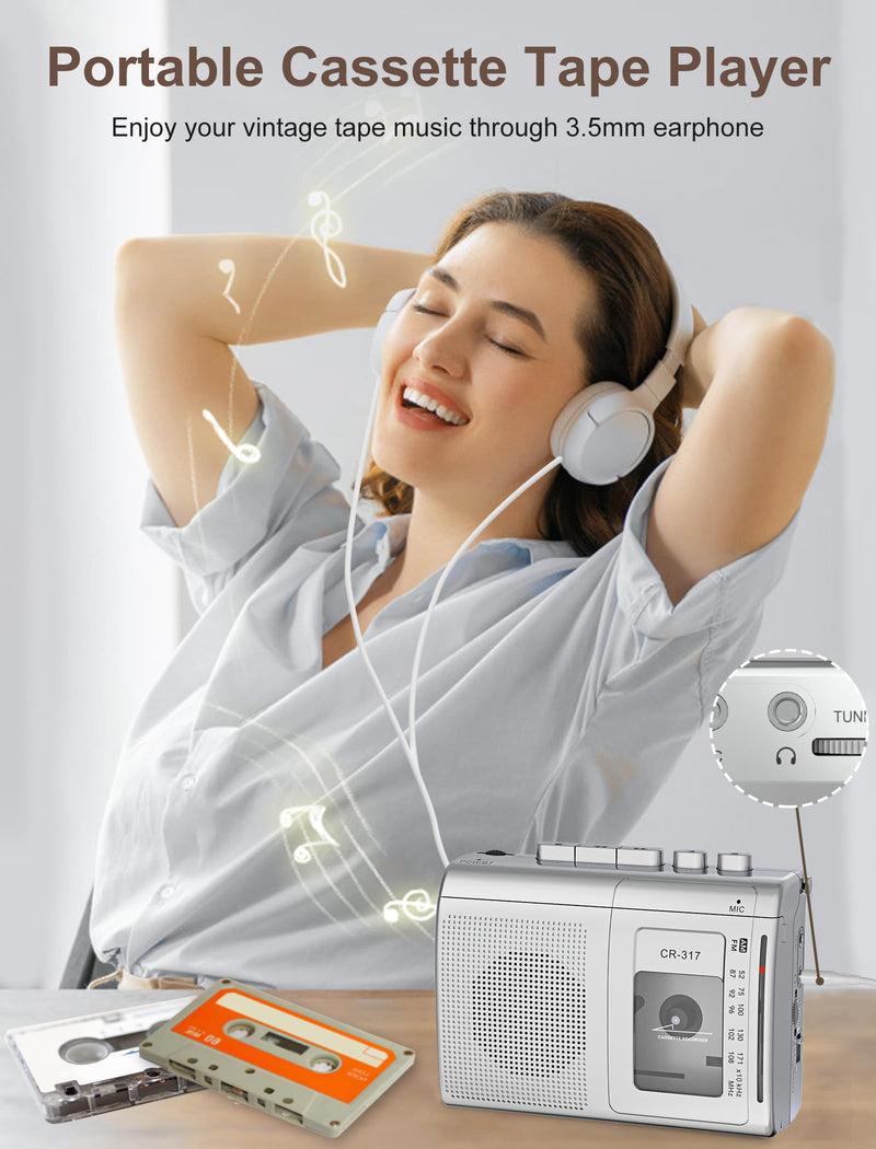 Cassette Player Recorder with Bluetooth Transmitter Walkman, Portable AM FM Cassette Player with Big Speaker, Stereo Earphone Jack, Support Microphone Recording, 2AA Battery or USB Power for Home Silver