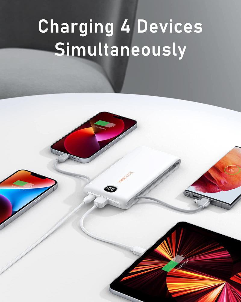 VEEKTOMX Power Bank with Built in Cables 22.5W 10000mAh, Portable Charger for iPhone with AC Wall Plug, Fast Charging USB C Slim iPhone Charger with LED Display Compatible with iPhone15/14/13, Samsung 10000mAh White