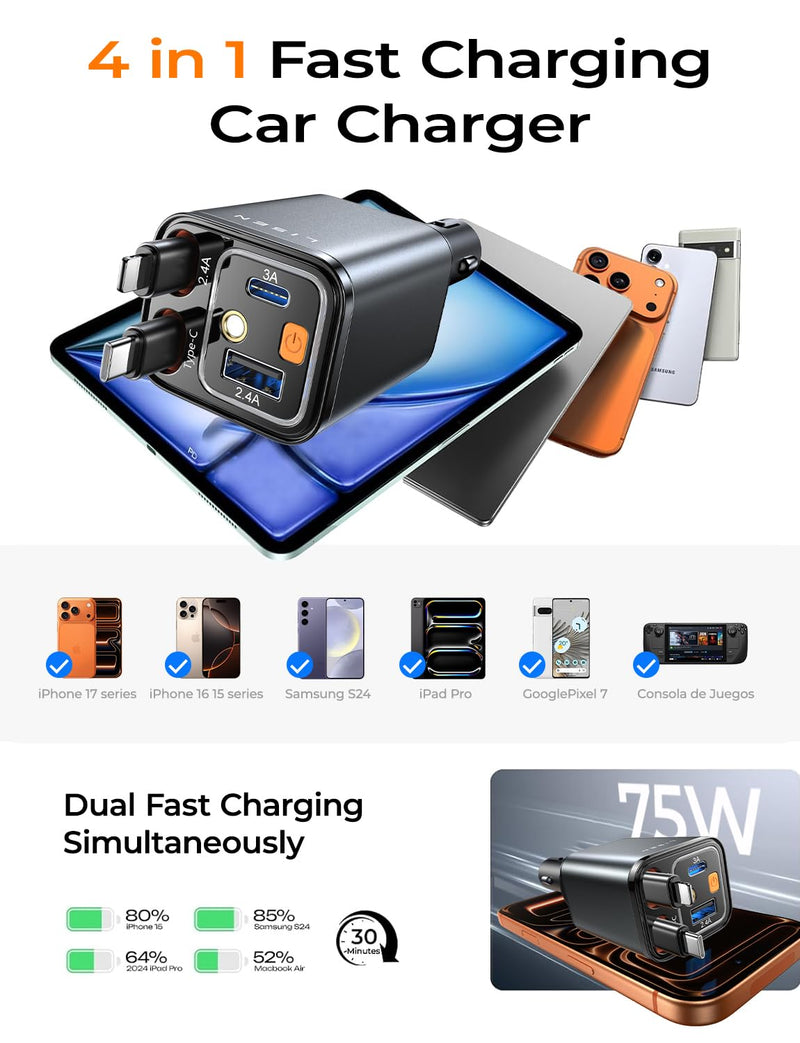 LISEN 4 in 1 Starlight Retractable Car Charger, 75W USB C Cigarette Adapter Fast Charging, Starlight Retractable Car Accessories for Women Mom, for iPhone 17 Pro Max Air 16 15 14 13 12