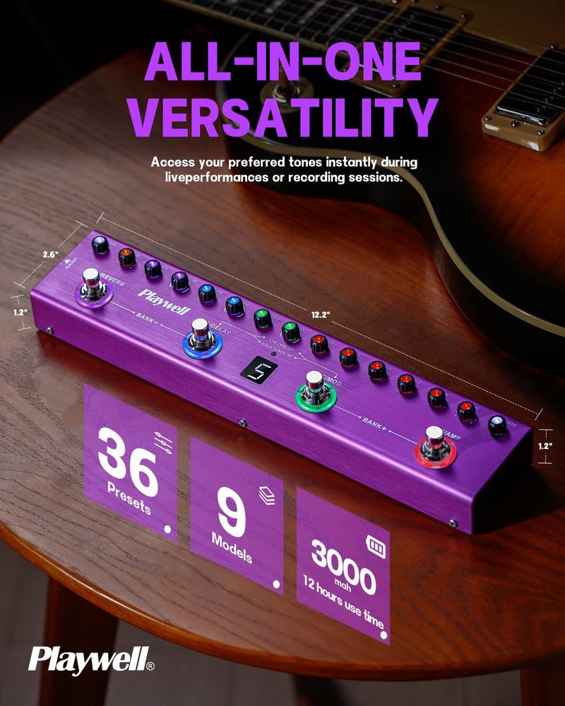Playwell Multi Effects Guitar Pedal TANK-G,Digital Electric Guitar Effector with 36 Editable Presets,Chorus,Delay,Reverb,MOD,IR Loading,Recording,Tuner,Built-in battery,BT connection