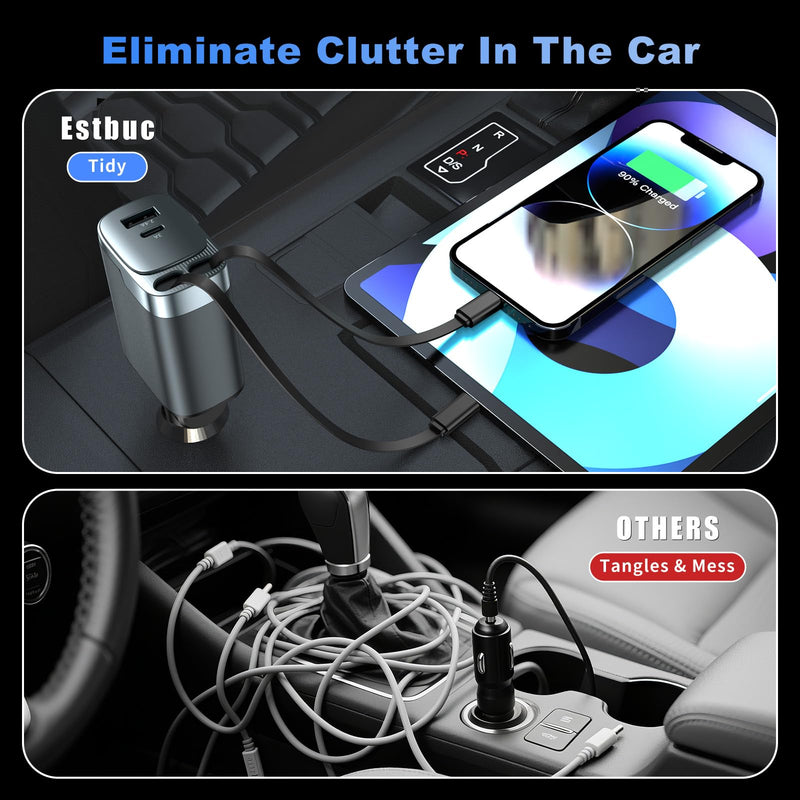 2 Pack 84W Retractable Car Charger, 4-in-1 USB C Fast Charging Adapter | Cigarette Lighter USB Charger Adapter, Fast charge for iPhone 17-11 & Samsung, Ideal Car Accessories & Gifts for Men Women 2 Pack
