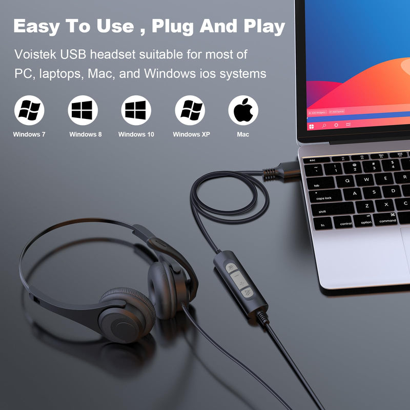 [AUSTRALIA] - Voistek USB Headset with Microphone,Wired On Ear Computer Headphones with Noise Cancelling Microphone for Laptop PC,in-line Control for Work, Office, Teams, Zoom, Skype, Online Class Dual Ear 
