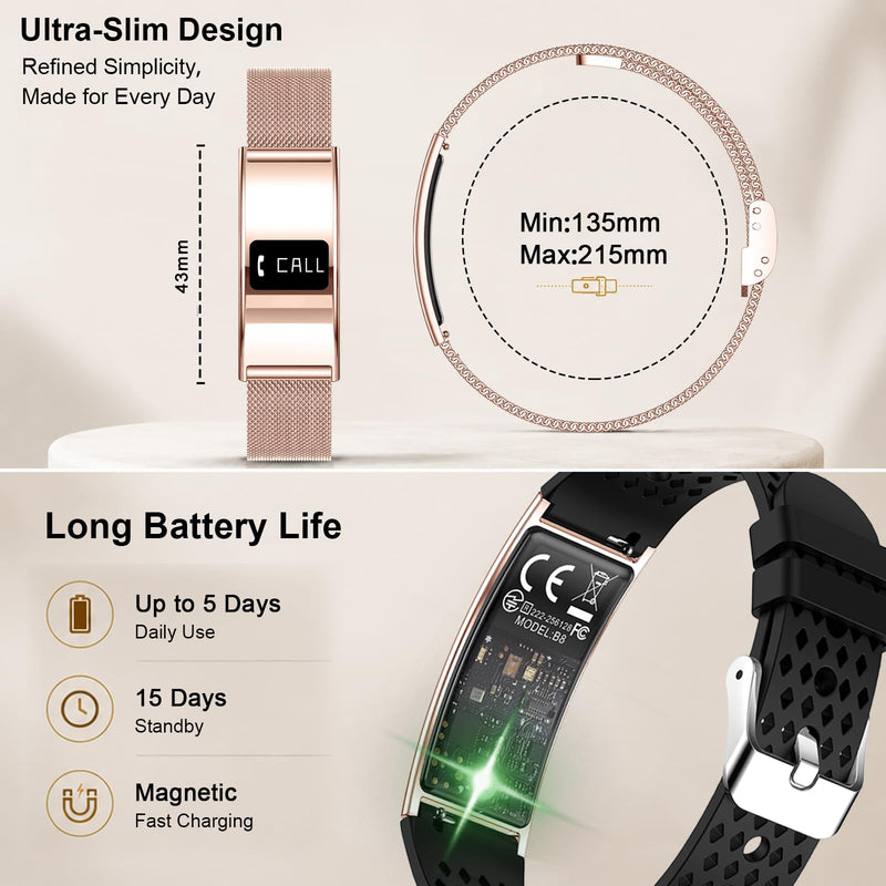 Efolen Smart Bracelet for Women Men, Activity Fitness Tracker, Smart Wristband with Heart Rate/Blood Oxygen/Sleep Monitor/Pedometer, IPX8 Waterproof Slim Smart Watch for Android iPhone, 2 Bands, Gold