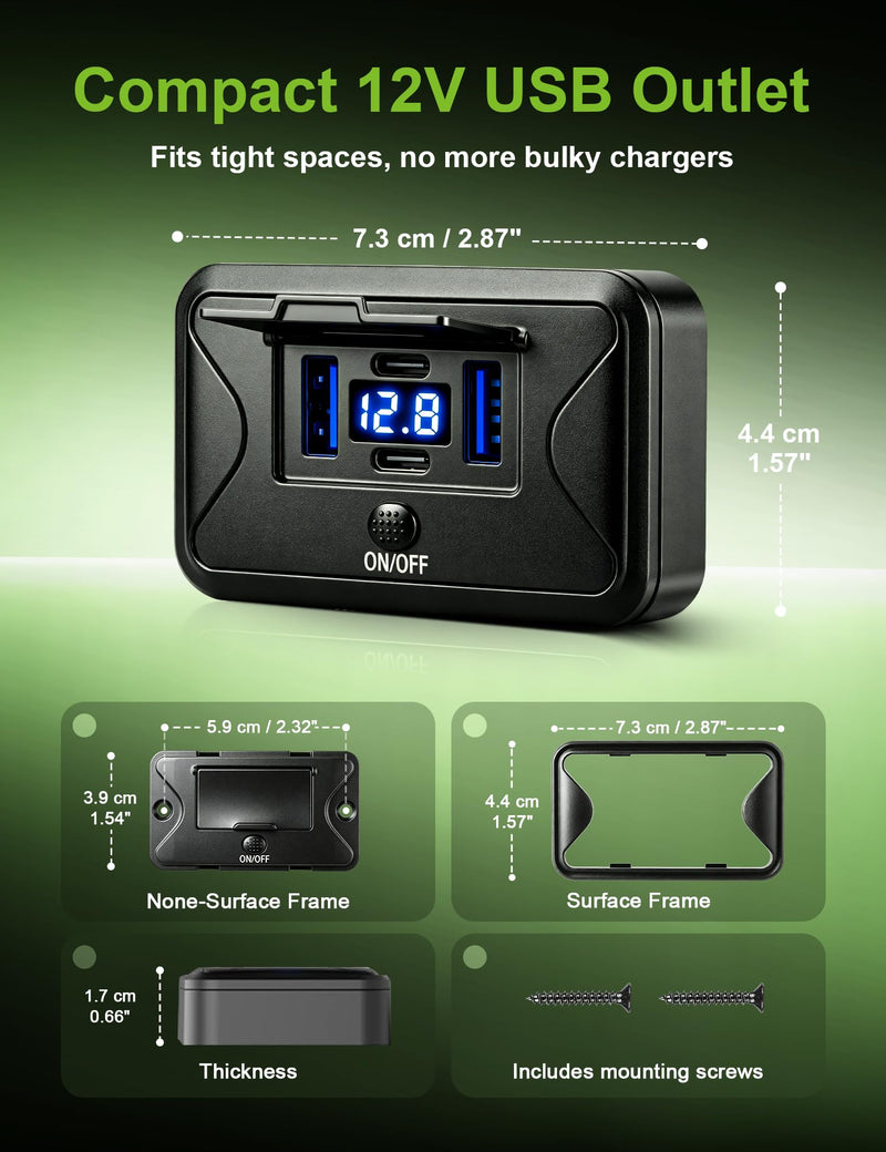 Anina 2 Pack 12V USB Outlet with Voltage Display, 78W 4 Port USB C Fast Charger Panel with Dual 36W PD & Dual 18W QC3.0, On/Off Switch and Flip Cover for RV Boat Truck Marine Golf Cart