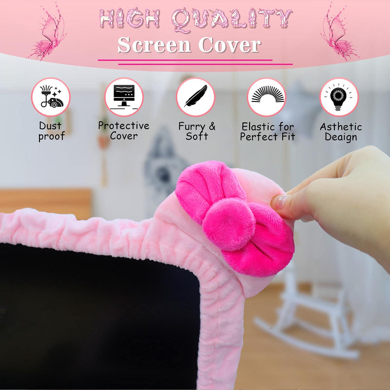 Kakurookie 27'' - 34'' Computer Monitor Protective Cover with Cat Ear Design, Cute Pink Monitor Dust Cover with Furry Design, Elastic Dustproof, Suitable for PC, Tablet, TV (27-34in, Pink) 27-34in