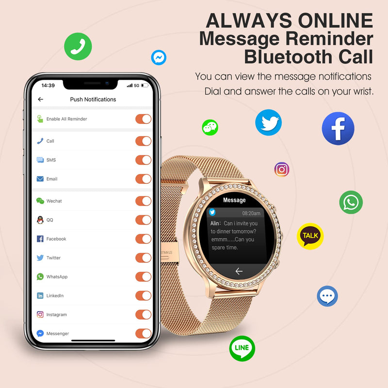 Women's Smart Watch(Call Receive/Dial), Fitness Tracker Waterproof Smartwatch for Android iOS Phones with 1.32" HD Full Touch Screen AI Voice Control Heart Rate Sleep Monitor Pedometer Rose Gold