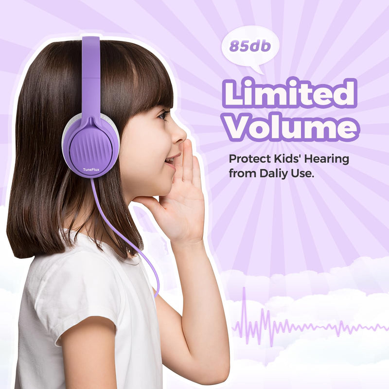 [AUSTRALIA] - TuneFlux Upgraded Kids Headphones, Wired Toddler Headphones, 85dB Limited Volume On Ear Headphones, Portable Foldable Design, Stereo Sound Kids Headphones for School/Tablet/Travel-Purple Purple 