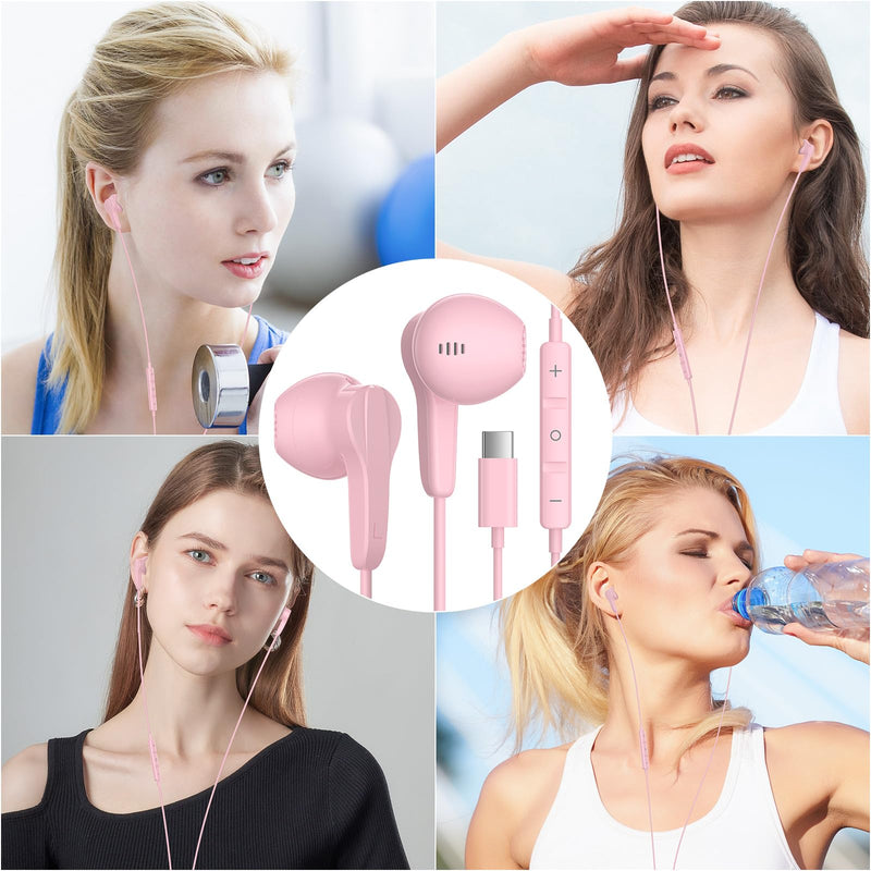 USB C Headphones for iPhone 15 Pro Max Plus iPad Air, Type C Earphones with Mic HiFi Stereo Magnetic USBC Wired Earbuds for Samsung Galaxy S24 Ultra A35 S23 Fe S22+ Flip Fold 5 Pixel 8A 8 7 Pro, Pink
