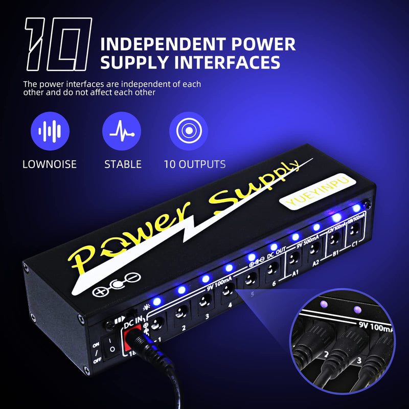 Power Supply for Guitar Effect Pedals 10 Isolated DC Output 9V/12V/18V for Effect Pedal with Separate Short-Circuit Protection