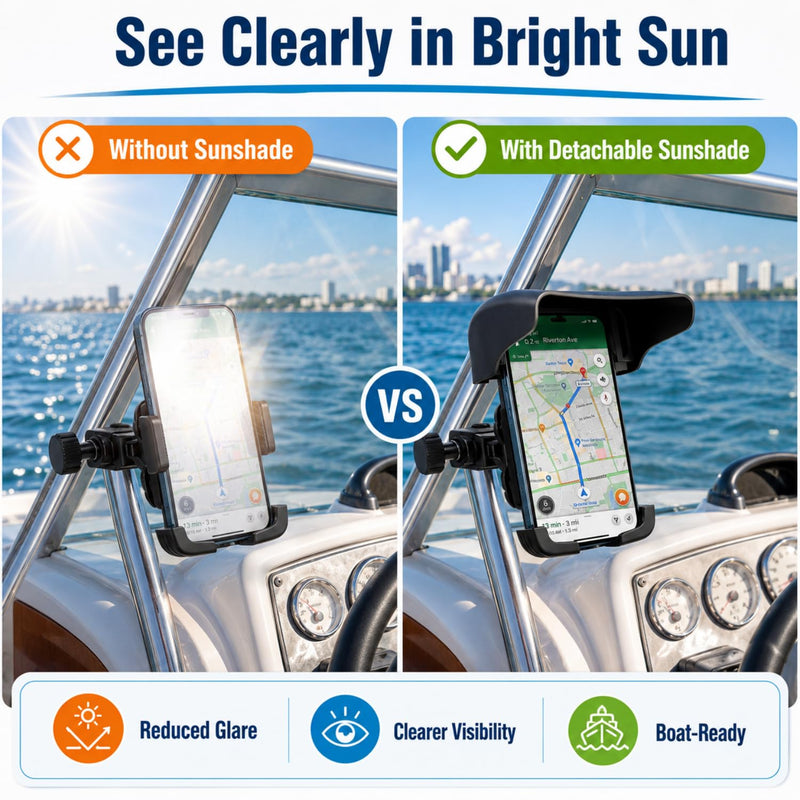 Tellegloww 1 Pack Boat Phone Holder, Crab Clamp, with Sunshade, Black | Crab Clamp Suction or Clip Mount, 360 Swivel Ball Joint Adjustable Angles, Sunshade Reduces Glare, Fits Boat Rails Kayak