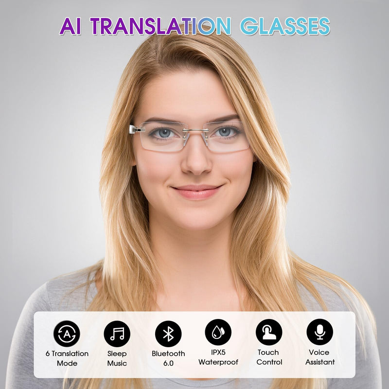 AI Translation Glasses with 164 Languages, Rimless Bluetooth Audio, Silver | 164-Language Real-Time Translation, Smart Speakers, Voice Assistant, Rimless Design for Travel, Work & Study
