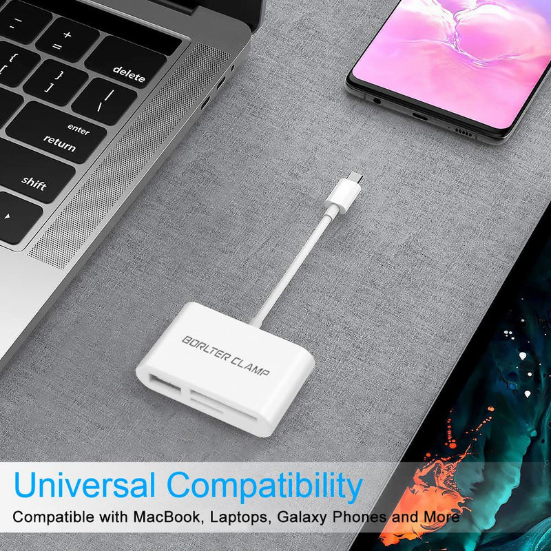 SD Card Reader, BorlterClamp USB C SD Card Reader, Micro SD TF Card Reader, USB C to SD Memory Card Reader Adapter, Compatible with MacBook, Laptops, Galaxy Phones and More