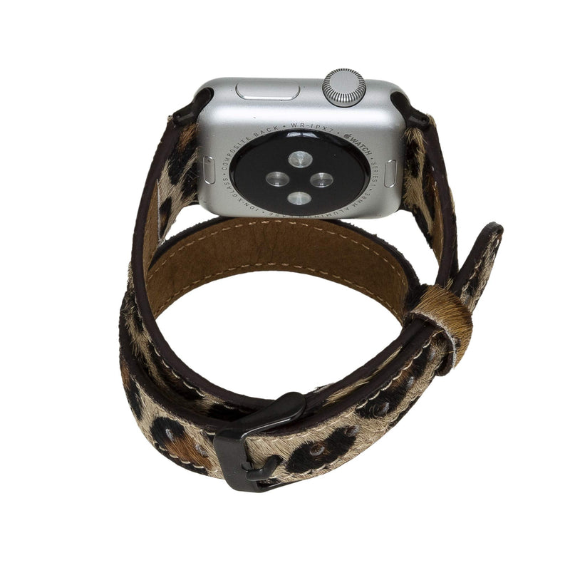 Venito Serena Slim Double Wrap Leather Watch Band Compatible with Apple Watch iwatch Series 1, 2, 3, 4, 5, 6, 7, SE (Furry Leopard w/Black Stainless Steel Hardware, 38mm-40mm)