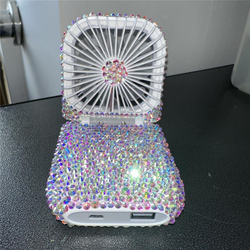 Customized Mixed Rhinestone Rechargeable Mini Handheld/Hanging Portable Usb Battery Operated 3000MA Power Bank Folding Personal Fan for Girls Camping Travelling Outside Indoor Office ab