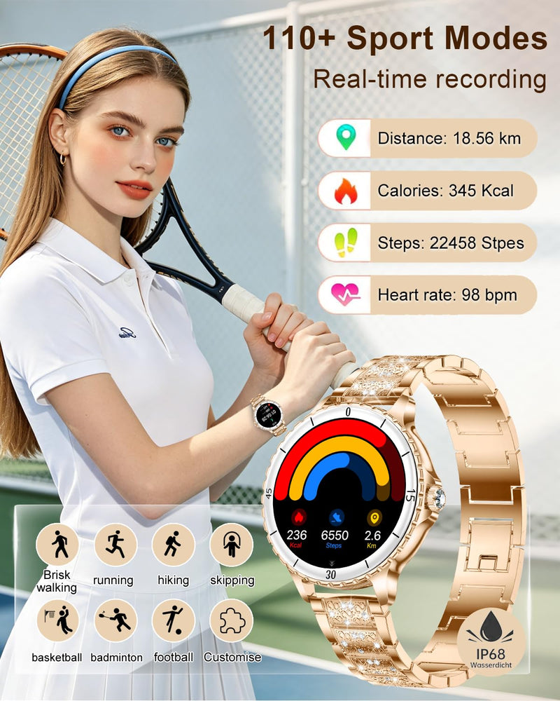 Smart Watches for Women(Answer/Make Call) with Diamond, 1.27" HD Bluetooth Smartwatch for Android iOS Phones, IP68 Fitness Tracker with Heart Rate SpO2 Sleep Monitor, 120+ Sport, Rosegold Rose Gold