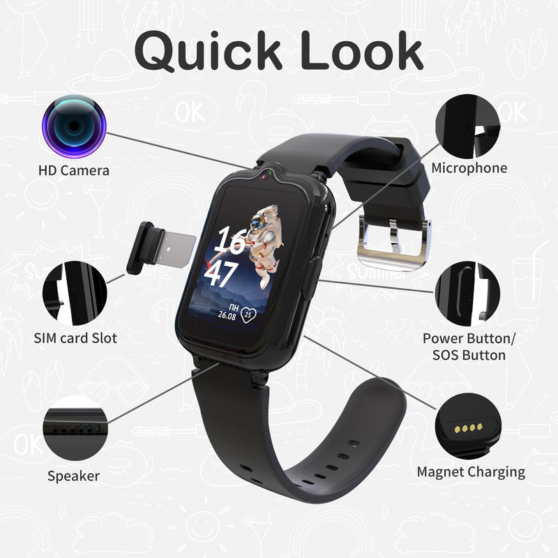 4G Kids Watch with GPS Tracker, HD Touch Screen Video & Voice Chat Calling | Smart Watch for Boys Pedometer SOS Alarm Calculator Camera Waterproof Boys Digital Watch Age 5-12 Black