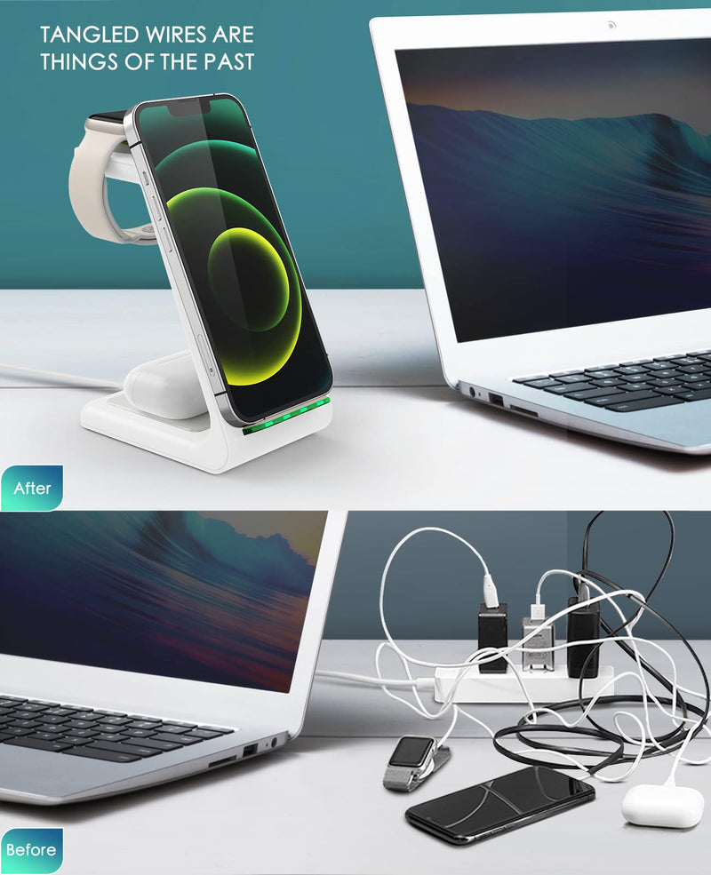 Wireless Charging Station, 3 in 1 Fast Desk Charging Station, Wireless Charger Stand for iPhone 15/14/13/12/11 Pro Max/X/Xs Max/8/8 Plus, AirPods 3/2/pro, iWatch Series 9/8/7/6/5/SE/4/3/2 White