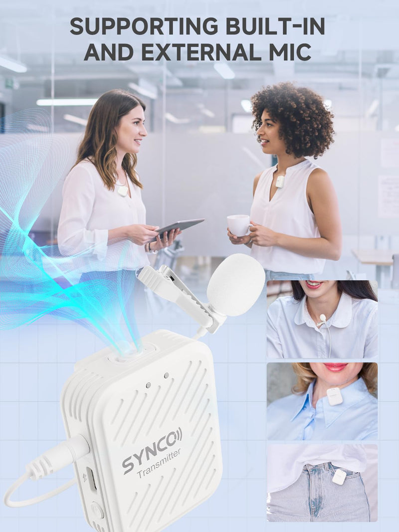SYNCO Wireless Lavalier Microphone White, Microfonos Inalambricos Professional 3.5mm TRS 2.4GHz 70m Transmission Range Noise Cancellation Receiver and Transmitter