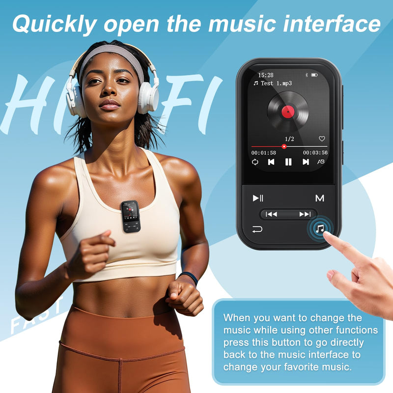 [AUSTRALIA] - MP3 Player with Clip, Bluetooth 5.3 Music Player, HiFi Sound Digital Music, FM Radio, Voice Recorder, Portable MP3 Music Player with Earphones clip-black 