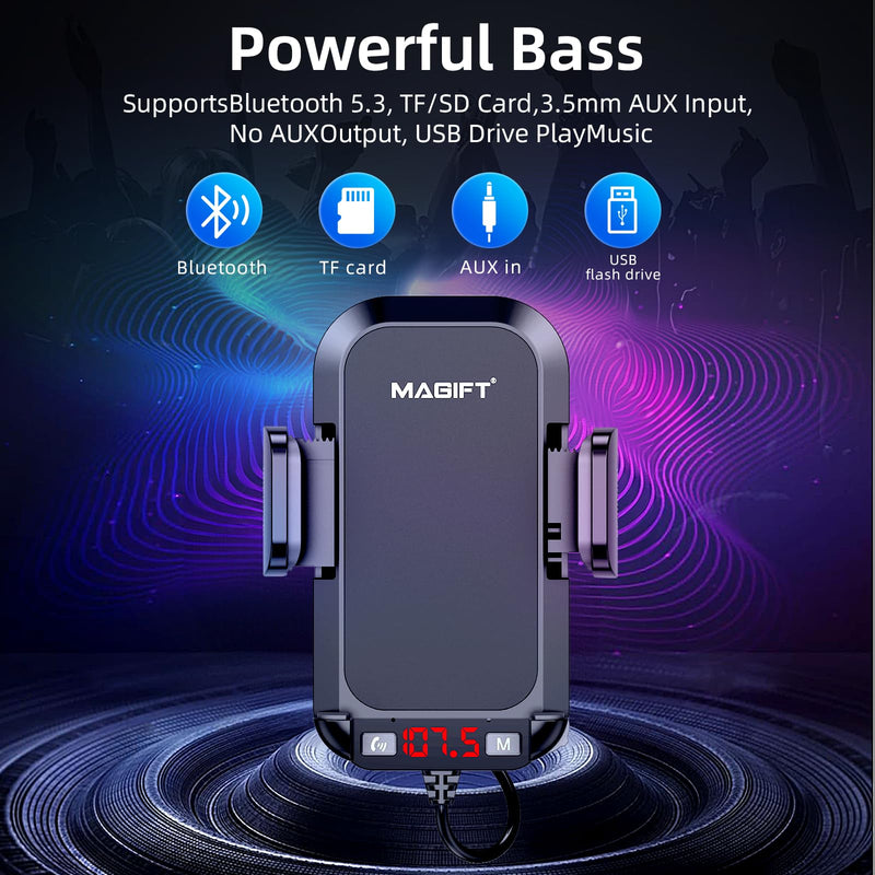 [AUSTRALIA] - Bluetooth Car Adapter 3 in 1 FM Transmitter Car Radio Bluetooth Transmitter with Phone Holder, QC3.0 Fast Charging, Strong Microphone, HiFi Bass Sound, Hands-Free Call, Support USB/TF Drive Black 