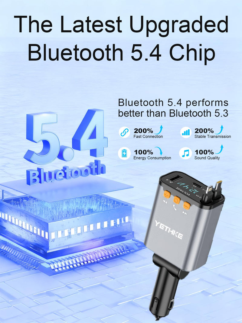 [AUSTRALIA] - Bluetooth Car Adapter with Retractable Charger,[Upgrade] Bluetooth 5.4 FM Transmitter for Cars, 4 in 1 Fast Car Charger 69W, Handsfree Call, 2*Retractable Cable for iPhone 17/16/15/14, Galaxy-Silver Silver 