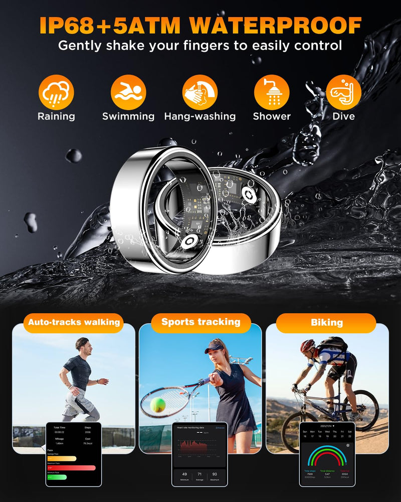 Smart Ring Health Tracker with Charging Case Sleep Heart Rate & Blood Oxygen Monitor 5ATM+IP68 Waterproof Fitness Ring No Subscription 3-7Day Battery iOS & Android Compatible for Men Women silver 9#