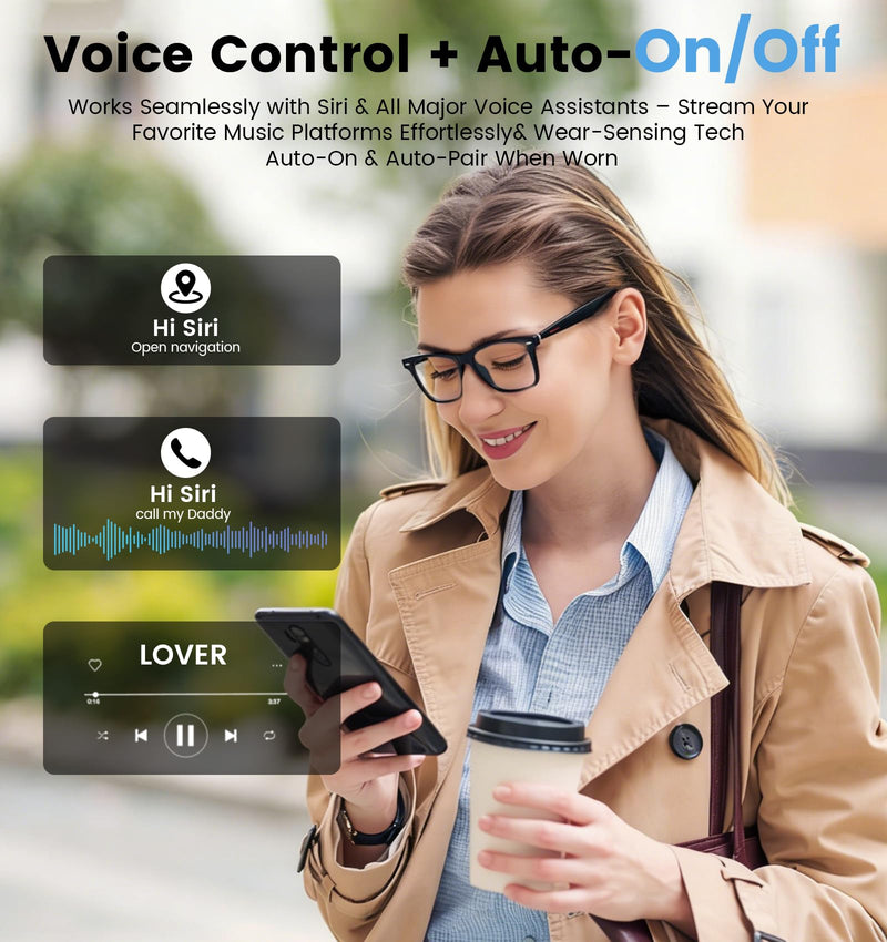 AI Smart Bluetooth Glasses for Men and Women with Translation | Real-time translation (115 languages), Glasses with speakers, Hands-free calls, Blue-light protection, for iOS/Android. Black frame Anti-Bluelight Lense