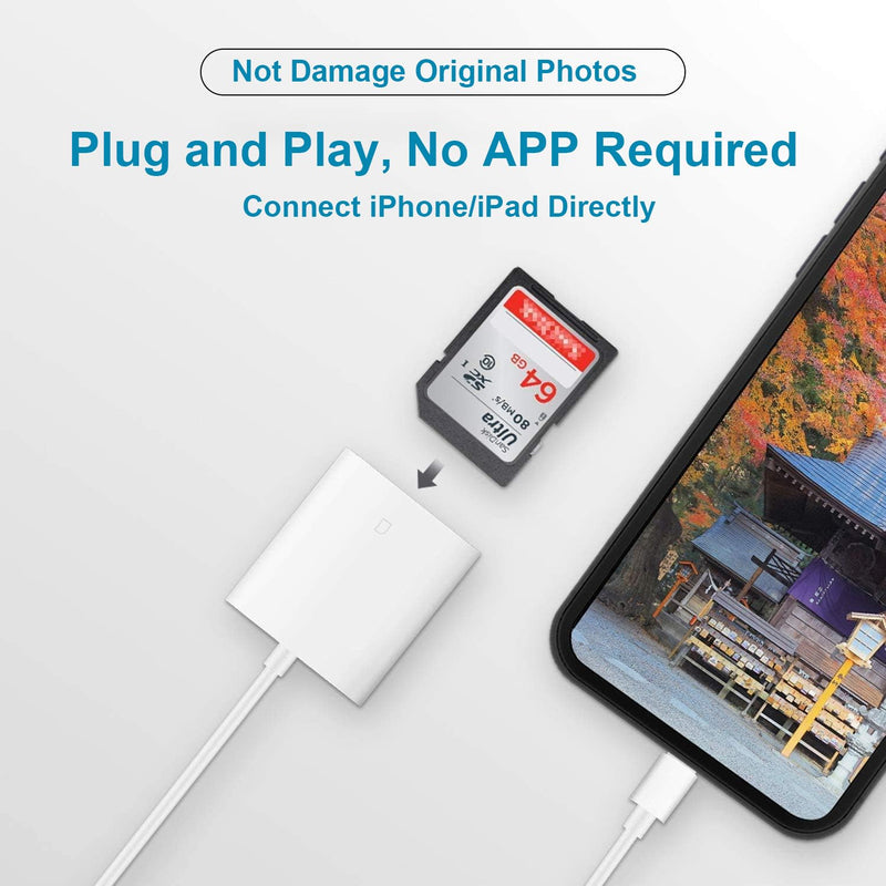 Lightning to SD Card Reader for iPhone, Lightning Camera Adapter Trail Camera Viewer SD Card Camera Memory Card Adapter Compatible with iPhone 14/13/12/11/XS/XR/X/8/7/iPad, Plug and Play White