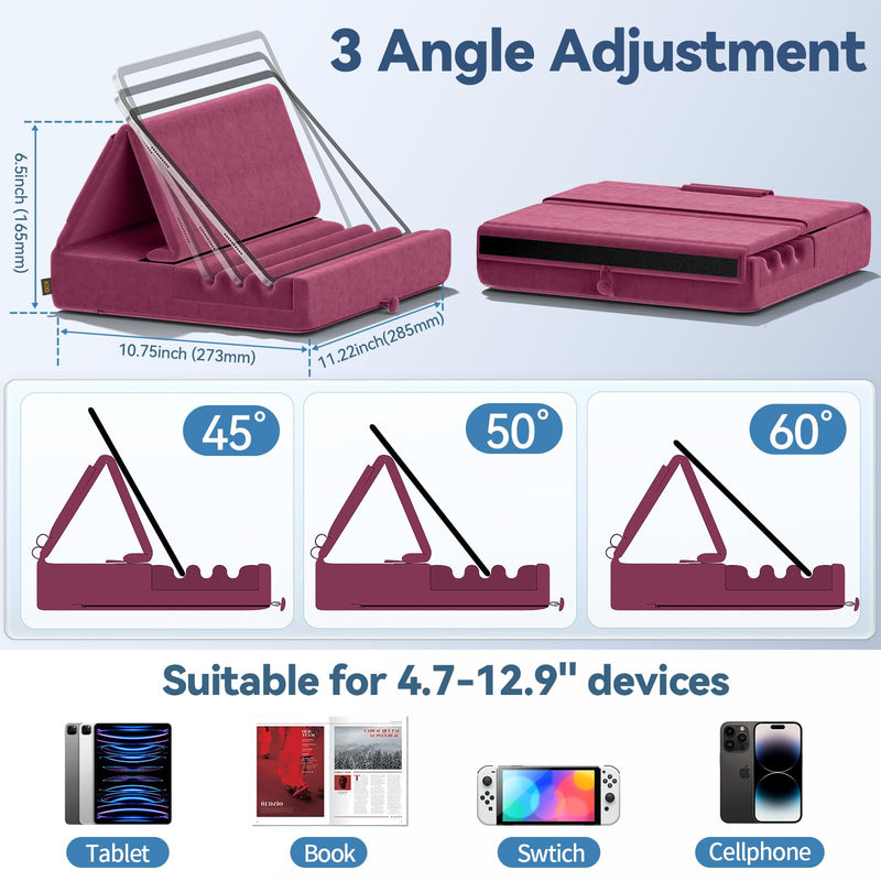 KDD Tablet Pillow Holder, Foldable iPad Stand for Lap, Bed and Desk -Tablet Soft Pad Dock with Pocket & Stylus Mount Compatible with iPad Pro 12.9, 10.5, 9.7 Air Mini 6 5 4 3, Galaxy Tab, E-Reader Purple