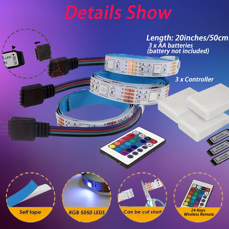 [AUSTRALIA] - Battery Powered LED Strip Lights, Wireless RGB LED Strip Lights with 24 Keys Remote Control, 20 inch x 3 Pack for Kitchen Under Cabinet Lighting, Shelves, Under Counter, Closet, Cordless Click Light RGB 3Pack 