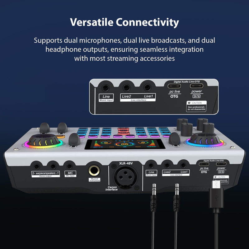[AUSTRALIA] - Sound Board Audio Mixer 48V Phantom Power Live Sound Card RGB Light BT Wireless Plug and Play for Live Streaming Podcasting Recording Content Create Gaming Rechargeable 